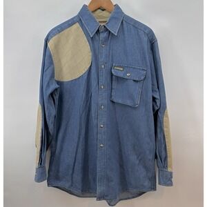 VTG Remington Men's Shirt Sz L Blue Denim Hunting Long Sleeve 80's Patches S1044